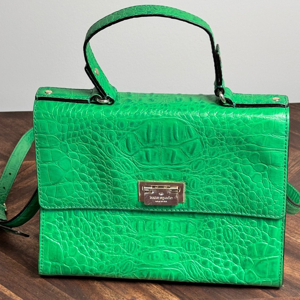 Kate Spade Croc Embossed Leather Bag Orchard Valley Doris Satchel Green‎